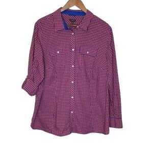 Talbots Womens Gingham Check Button Up Shirt Plus Size 18W Blue Coral Roll Tab